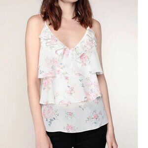 The Kooples Silk Floral Camisole XS White Tiered Sleeveless V Neck Ruffle Cream